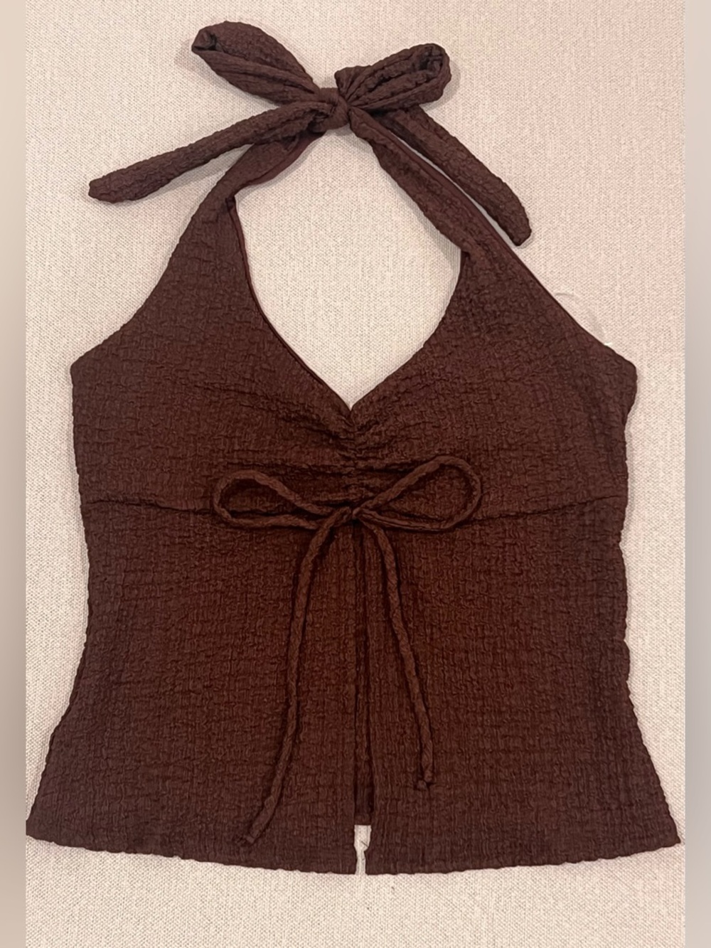 See You Monday Brown Textured Halter Top Tie Front Y2K